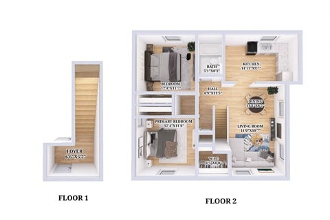 Floor plan for 2 beds, 1 bath, 990 sqft